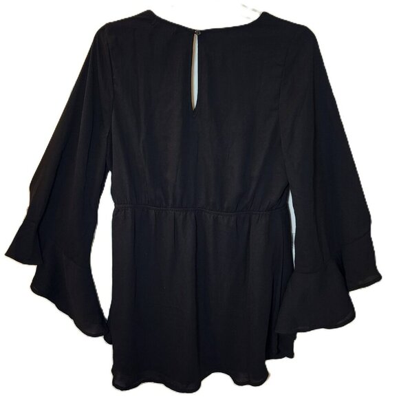 Freebird Black Boho Bell Sleeve Mini Dress Size L Deep V-Neck Flowy Festival - Picture 8 of 11